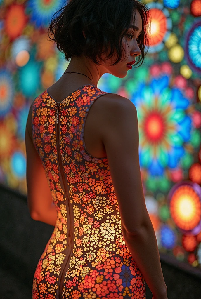 Head to Knee, Big Breasts, (masterpiece, Highest quality), 8k,(((Very detailed))), Japanese, Race:1.8,Super intricate Race pattern,colorful Race pattern,Stained glass background transparent body, Mandala,light up,cold, 1 female,Open Back,(curl,black),