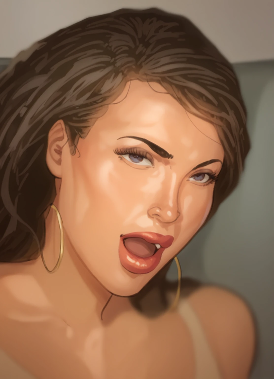 (NSFW:1.5), blowjob portrait, How, facialized, naked, nude, middle aged stepmother, milf, Dark skin, woman of color, portrait, Very detailed, Modern urban style, city backdrop, direct look, defined contours." Valentine's Day Theme