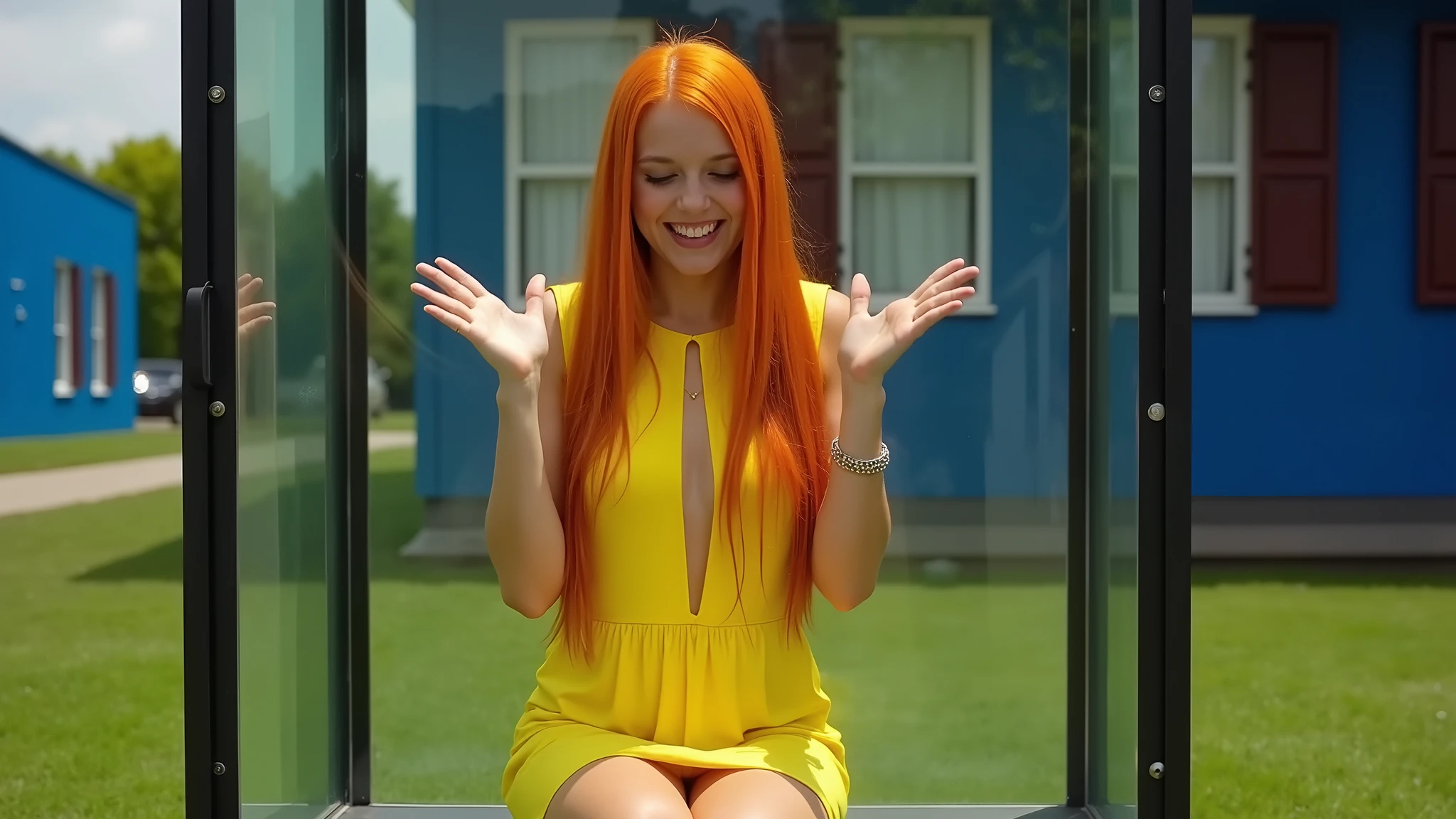 In the grounds of a college campus during a fundraiser, a beautiful 18-year-old girl with long straight orange hair and wearing a long yellow dress with a front cutout sits in a plexiglass cabinet and laughs nervously as she is gunged from above. Photorealistic. Close-up. Headshot.