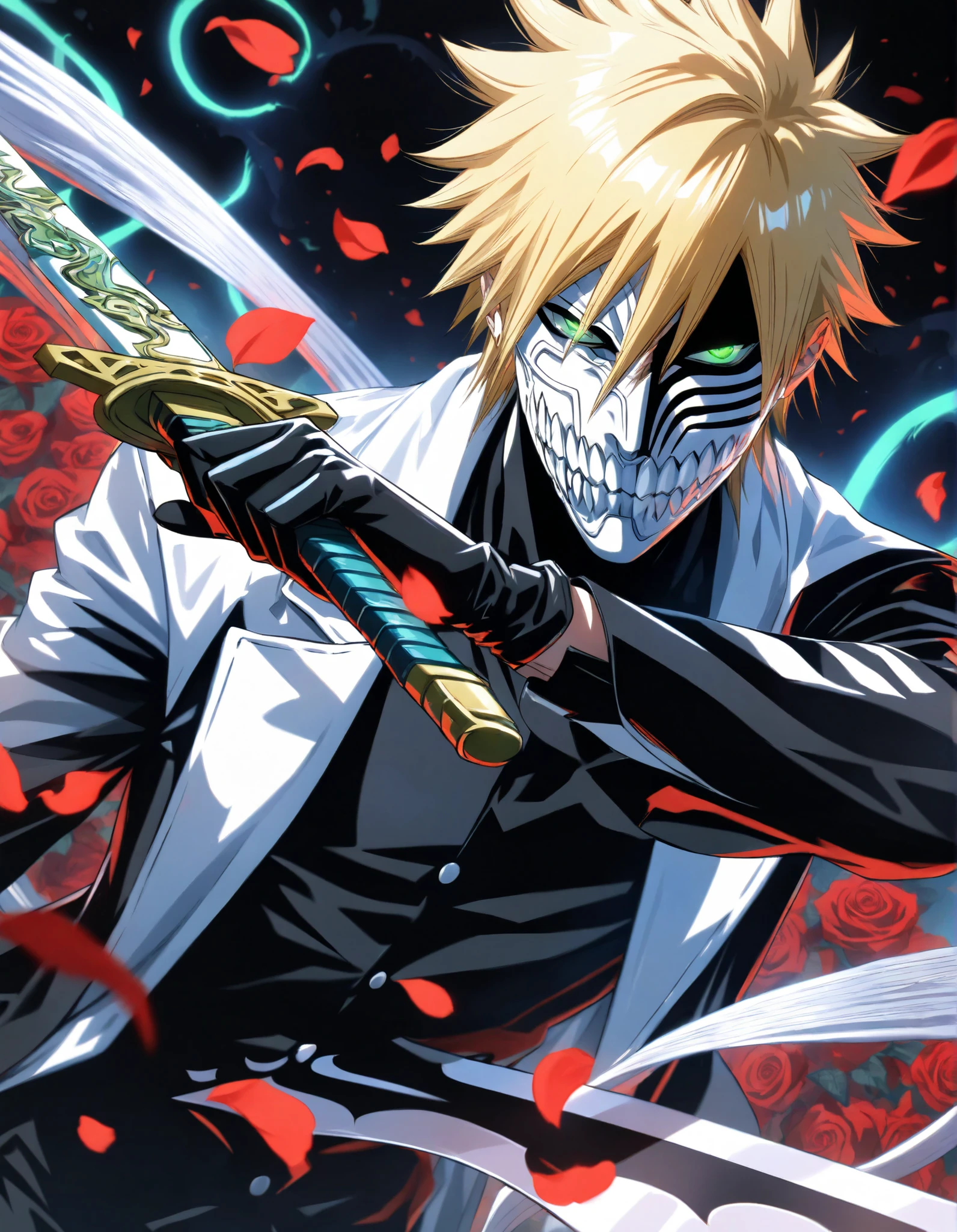 absurdres, highres, ultra detailed, HDR, masterpiece, extremely detailed face and eyes, perfect face, Hollowfication Of Uzumaki_Naruto's, Long Blonde hair, hair between the eyes, expressive green eyes, pale skin, Bleach, solo, sexy man, handsome, white Hoodie Coat, tight black shirt, patterns, Long Fangs, Black Gloves, Black roses, petals, in Las Noches Throne Of Hueco Mundo, (((Silhouette Of Ten-Tail Fox Spirit Through At Behind Him))), (((Power Spirit on His Sword)))
