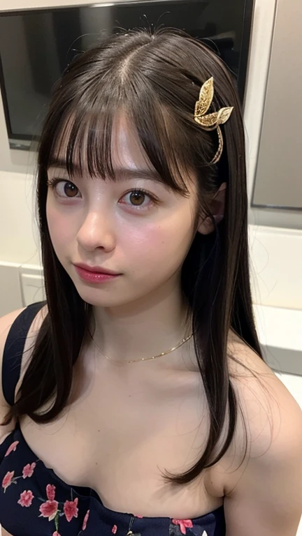1 girl ,highest quality, Ultra-high resolution, Highly detailed skin, Physically Based Rendering, Small breasts, Flat Chest, Down blouse,(14 year old Japanese student, Decorative fine bra , Overlap short sleeve blouse, Small breasts, Sensual ),Sitting, Crouching on the train, short hair, necklace ,close,From top left ,Focus on the chest ,High brightness