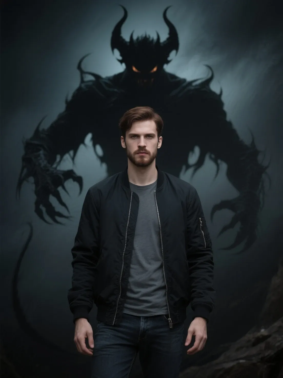side view, a man floating in mid-air falling down the void, centered, wearing a blue jacket, lateral view. the wide infinite walls are filled entirely with demonic monsters with black melting skin, overlapping and interwhinted monsters, hundreds of monsters strech their claws trying to reach the man body, horror art, dim light, digital illustration, long shot, dramatic light, long aerial shot, fog and mist atmosphere, hundreds of claws, inmense void, speed sensation, gloom and eerie, monsters hundred claws, obscure, despair, gray blue and carmin, handraw