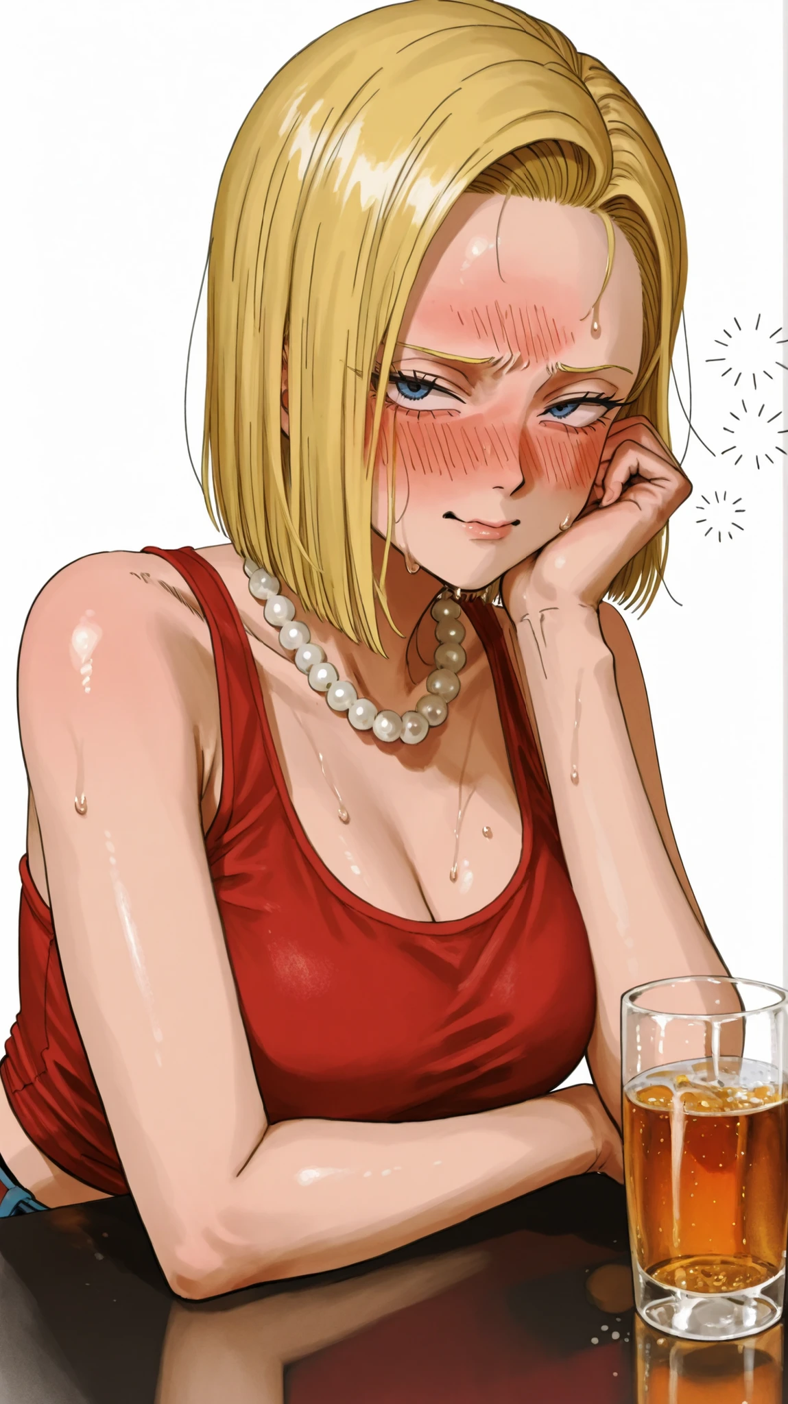 32k、ARTSTYLE_OnePiece_MangaColored _ownwaifu、HeadscissorsSDXL、pastel color、usnr、alone、super detailed、white background、android 18、embarrassed expression、sweat、red tank top、Pearl Necklace、drunk、 at the bar counter、drunk、drinking alcohol