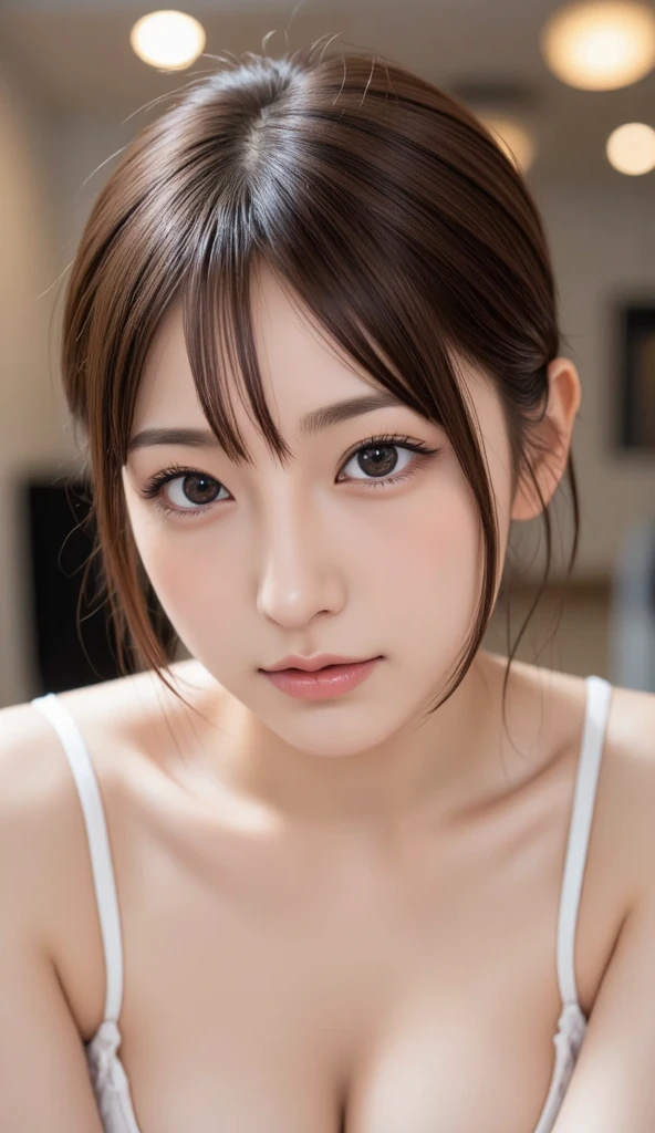 (8k), (best quality), (masterpiece:1.2), (realistic), (photorealistic:1.0), ultra-detailed, 1girls, cute, smile, beautiful detailed eyes, beautiful detailed nose, ponytail, updo hair, white over-knee socks, sitting on the floor, high angle shot, realistic skin texture, attractive face, Korean woman, dark brown hair