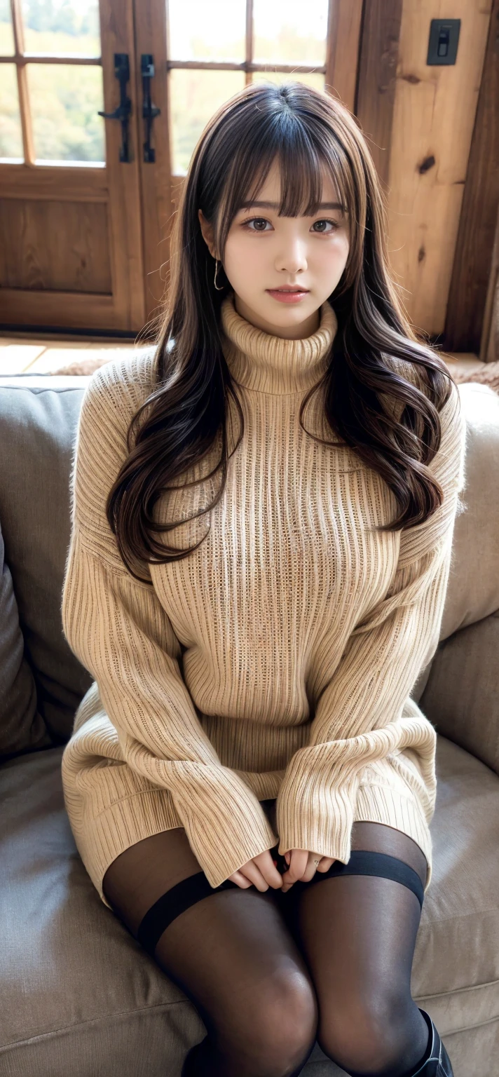 A young Korean woman in a knitted sweater, sitting on a bed, messy hair, face straight to viewer, sexy pose, seductive expression, sexy face, detailed face, detailed clothing, detailed background, natural lighting, warm colors, beautiful scenery, intricate details, highly detailed, photorealistic, 8k, ((masterpiece)), cinematic, portrait