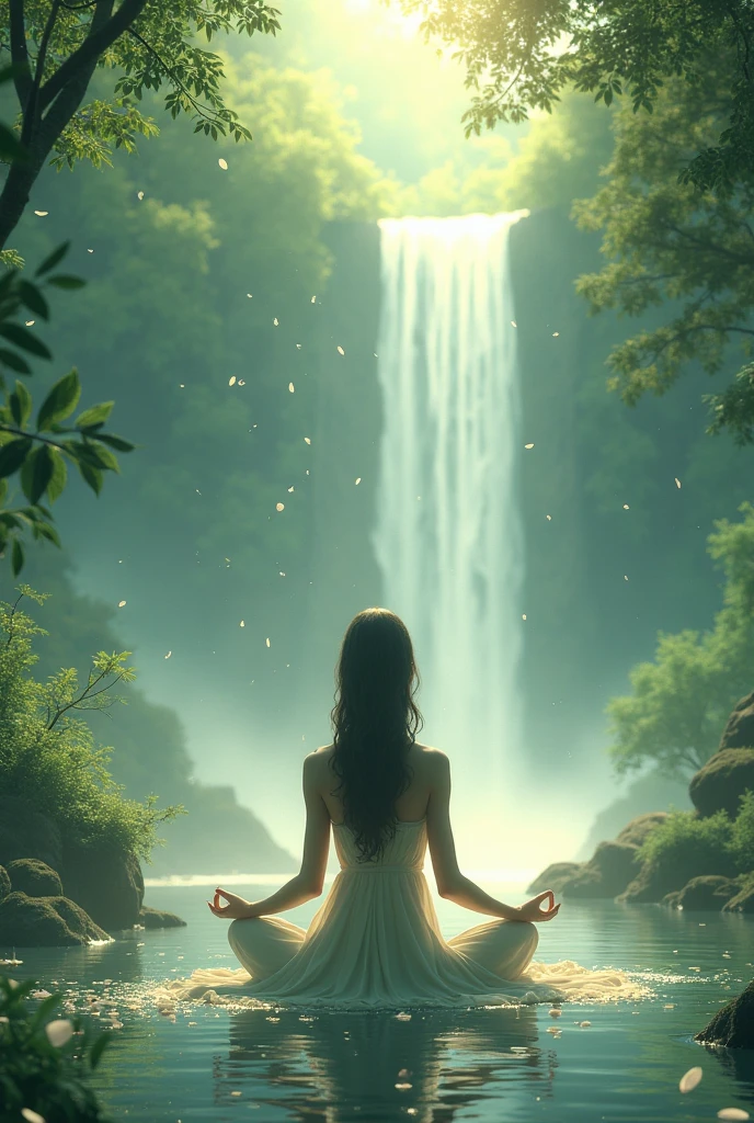 An 18-year-old indigenous girl sitting on a rock in the Amazon River, LOTUS POSITION, anime exuberante john 8k madeiras, atey ghailan 8k, Harp playing in the magical forest, em estilo de atey ghailan, inspirado em Atey Ghailan, pleasant environment, forest scenery, autor:Fujita Goro, cinematic forest lighting, 4K resolution