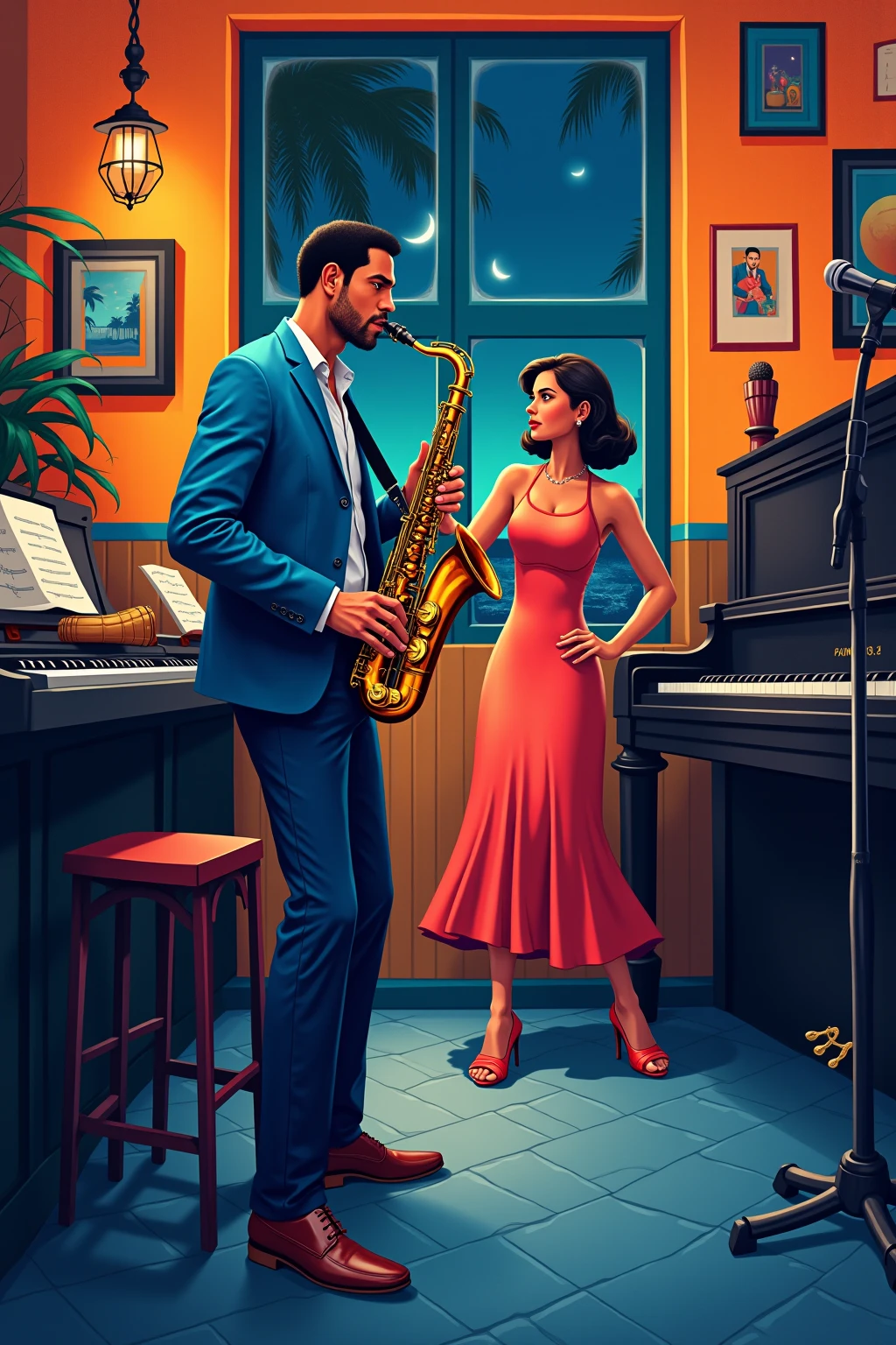 A man sits at a piano in a bar, There is a woman playing the flute，film noir jazz bar, 1 9 3 0 S Jazz Club, 1 9 2 0's Style Speakeasy, Speakeasy bar background, inspired by Art Frahm, Wayne England, film noir realistic, Cozy, dark 1920s speakeasy bar, Scott M. Fischer