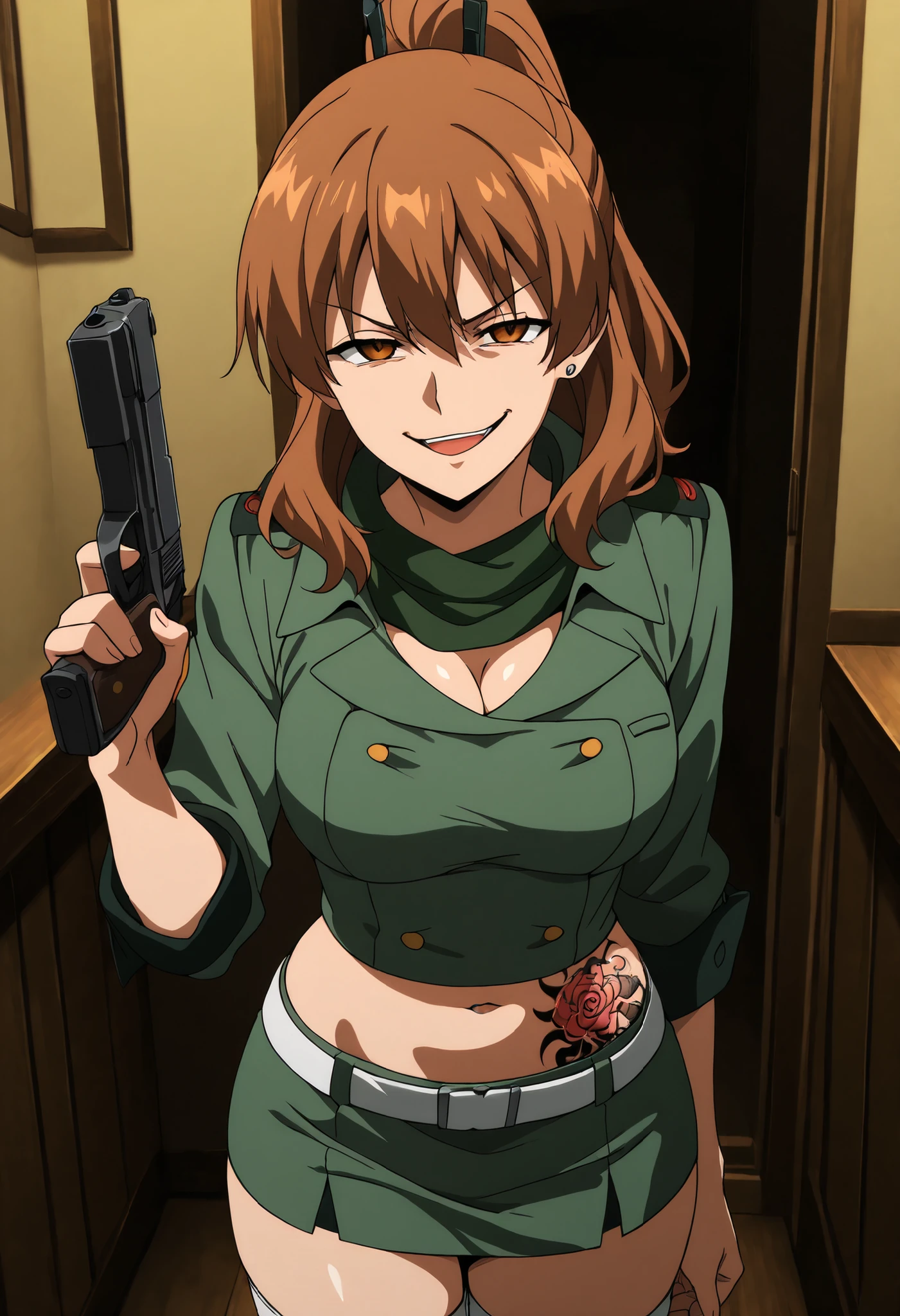 masterpiece, best quality, newest, solo, 1girl, s3ryu, , crazy smile, , looking at viewer, , long hair, brown hair, ponytail, brown eyes, v-shaped eyebrows, short dress, green dress, buttons, double-breasted, white belt, white thighhighs, green scarf, bar background, inside bar, indoors, , masterpiece, best quality, highly detailed, a anime girl in military uniforms ,military outfit, open mouth, cleavage, evil smile, smile,, (nsfw) not safe for work, official artwork, , , micro pencil skirt, pencil skirt, micro skirt, exposed belly, exposed navel, exposed midriff, exposed lower belly, holding a gun, holding pistol ,navel piercing,, mature female, waist dragon tattoo, narrowed eyes, tattoo waist, anipai_style , anime screencap , anime coloring