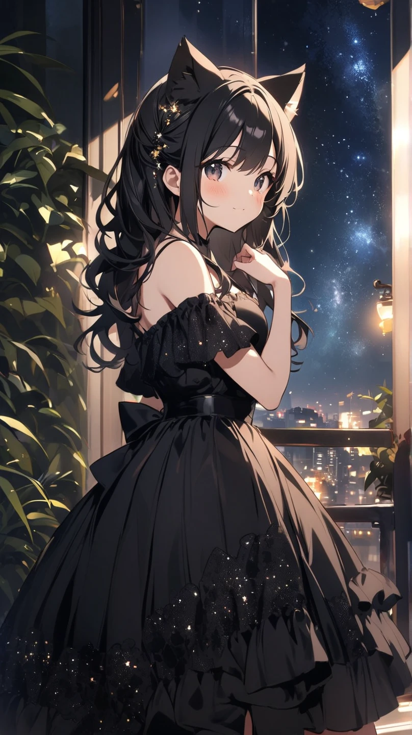(masterpiece:1.2), 1milf, Standing on Balcony, room, upper body, back view, short dress, (night, meteor shower, star, moon, drak cloud)