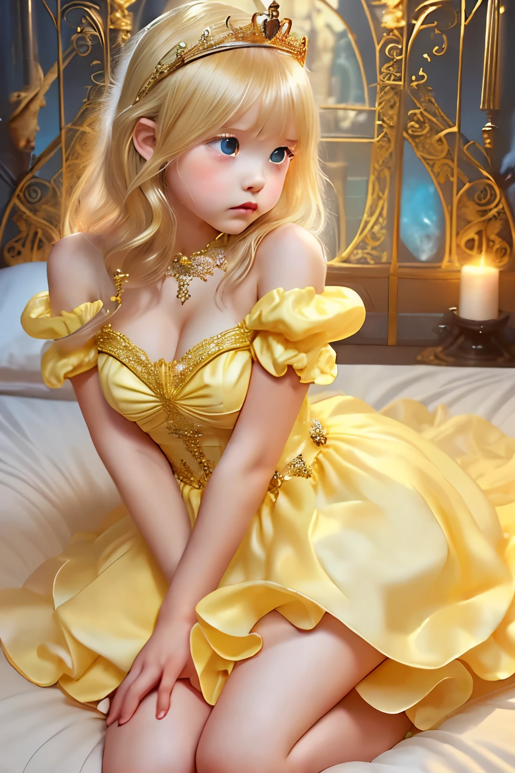 Little young girl, blonde hair,cute,fantasy, gorgeous yellow dress ,tiara,red carpet,city,princess,young girl,evening,upper body,Sad,tears,is young,lies in bed,tight dress,thighs