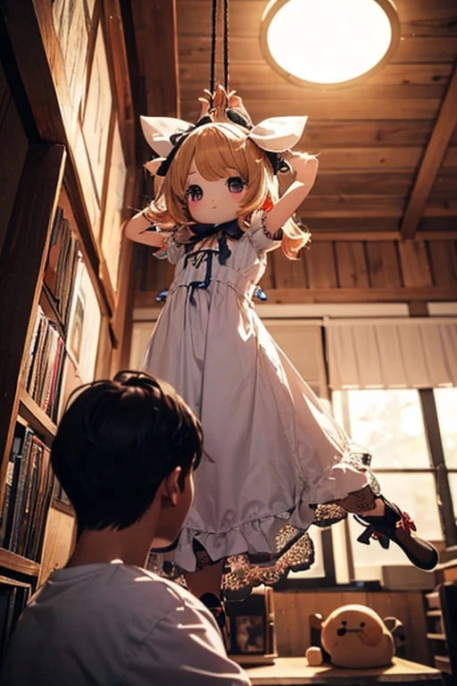best_quality:1.4, Very long term, Very large eyes, (toddlers), (Lori), Very small stature, a blond, (low twintails:1.4), Brown-eyed, Barefoot, heels, magia, A smile, Puella Magi Madoka,Pink ruffles,blue-sky
