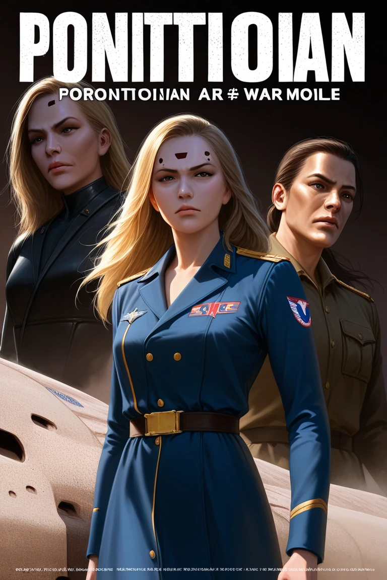 Movie cover image,Like a real person,Polite dresses,Warfighter Action Cover Image),(Film Reference Foundation : 1.8 ),Realistic,General uniforms of the White Air Force,(Realistic face resolution),cinematic pose,Adult,Glamour,Big,1 Woman with dark blonde hair,Invincible smile,Science fiction,scientific fiction,Different characters