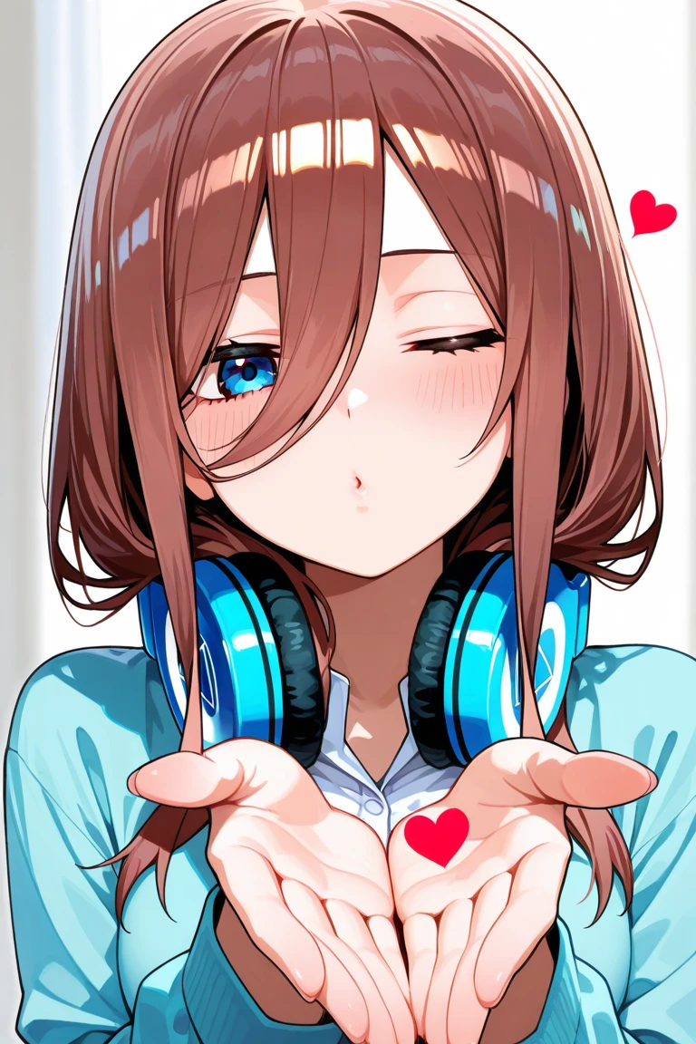 Miku Nakano，（A white border around a red rectangular background：2.5)，whitesweater， D-cups，ahegao face，stooped，High detail,Moles under eyes, Heart-shaped pupils，Love pupils，cropped shoulders，Lots of hearts，Fleshy thighs,highly rendered，detailed face with