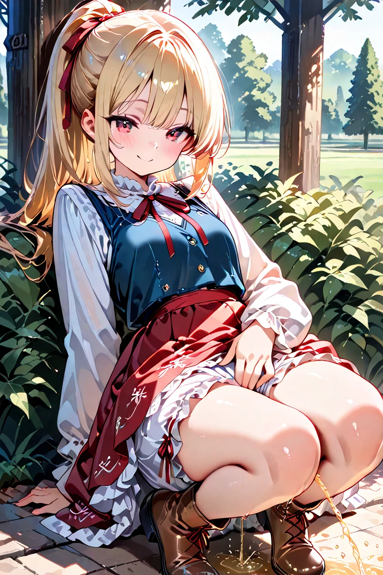 Packing Serena, 1 girl, alone, blue eyes, blonde hair, long hair, low-tied long hair, have, pink hat,
black bra, red skirt, high waist skirt, pleated skirt, black stockings,
smile,closed mouth,cowboy shot,sitting,
forest,outdoor,
(very detailed, Beautiful and dense face, masterpiece, highest quality) cinematic lighting,、big breasts、Flip up your skirt、Show off your black thong