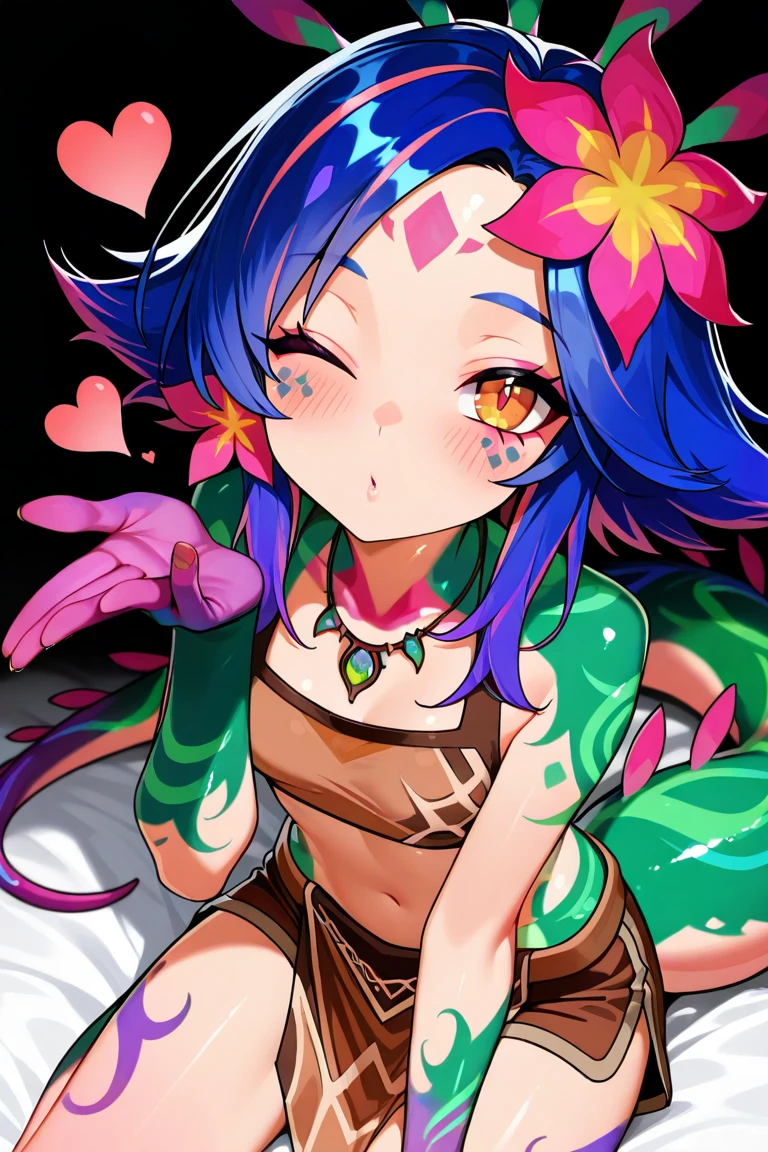 score_9, score_8_up, source_anime, 
BREAK
, flower field, shade, clouds, grass, flowers, butterfly
BREAK
<lora:neeko-xl-nvwls-v1:0.9> ,1girl, neeko, multicolored hair, colored skin, facial mark, forehead mark, hair ornament, lizard tail, hair flower, necklace, (brown crop top:1.1), midriff, brown clothes, loincloth,
looking at viewer,