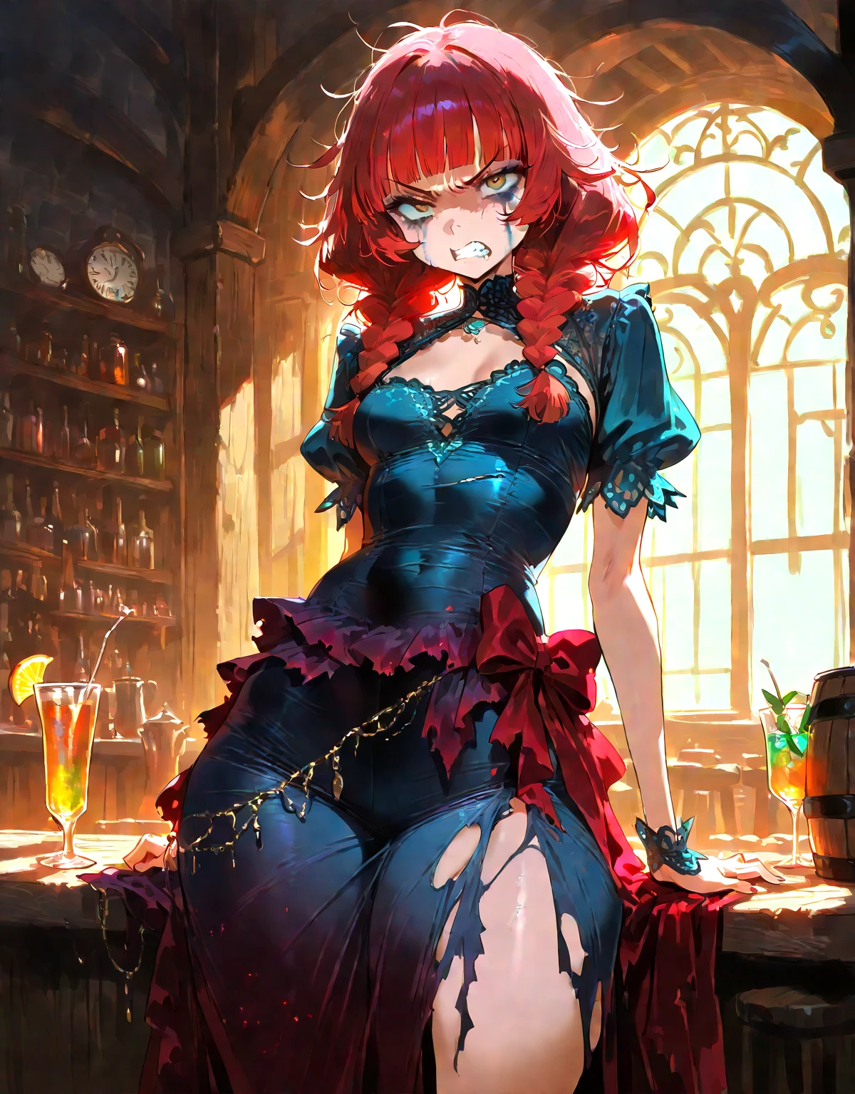 Hot princess with red hair ,swearing magic, inside a castle, .
