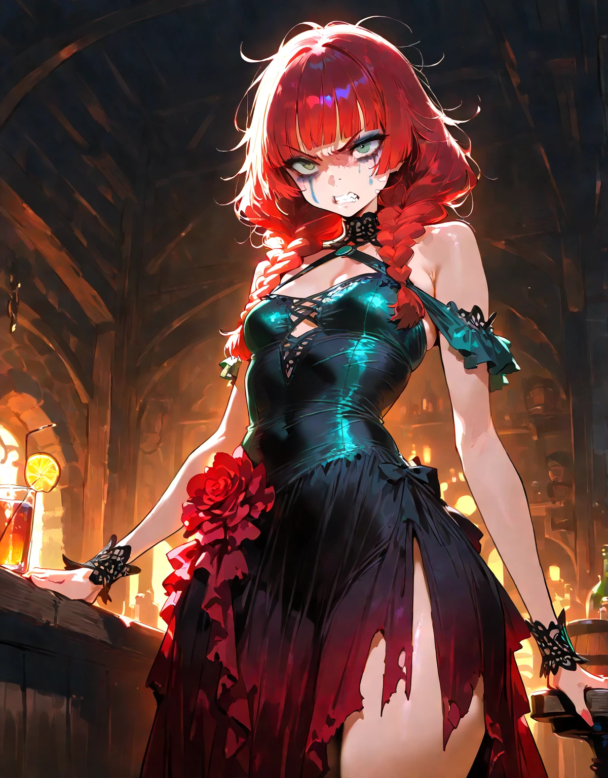 a sexy girl in a sexy dress attends the store at the counter, fantastic store, fantasy world, dark, disturbing, strange, unnatural, (Rembrandt Lighting: 1.3) light particles, lens flares, store with various tentacles inside jars large, side chest, forest cat on stage, upper body close-up, fantastic backgrounds, fantastic angles (masterpiece: 1.2), (best quality: 1.2), intricate details, newest, AI generated (Bill Sienkiewicz inspired art, intricate details, oil painting)