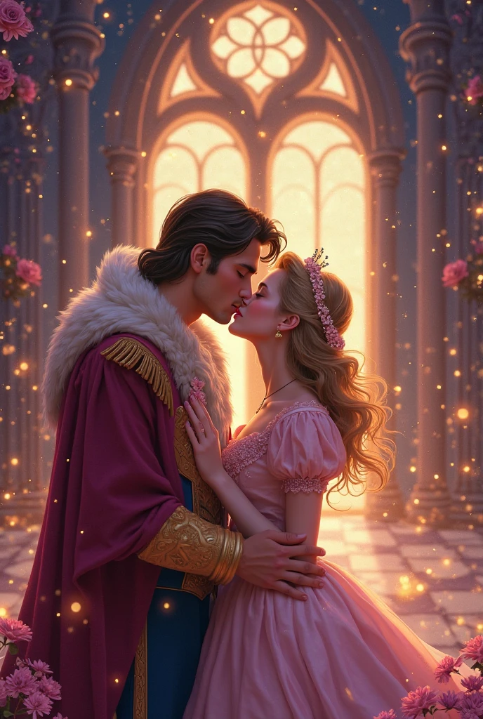 Disney princess and prince kissing in front of the castle, Magali Villeneuve, magali villeneuve and monet, romance novel cover, романтический fantasyйный фильм, fantasy викторианское искусство, inspired Magali Villeneuve, Magali Villeneuve, romantic storybook, fantasy, Художник-график Magali Villeneuve, Charlie Bauer and Mark Brooks, Charlie Bowater and Artgim