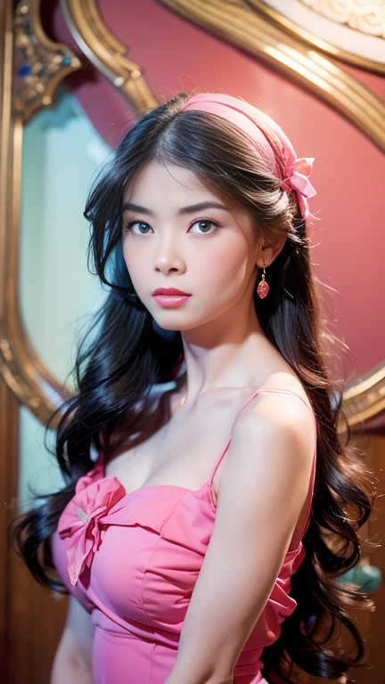 Gentle portrait of a beautiful Asian woman, flowing hair, captivating blue eyes, delicate features, radiant smile, natural makeup, elegantly dressed, ((Pink colour GRACE KARIN Boatneck Sleeveless Vintage Tea Dress)), ( hair adornment、bow ribbon、frilld、shairband、Jewelry Accessories ), gentle expression, slight blush, warm skin tones, fantastic lighting, soft shadows, high-resolution digital painting, realistic style, artistic interpretation, by a skilled portraitist.