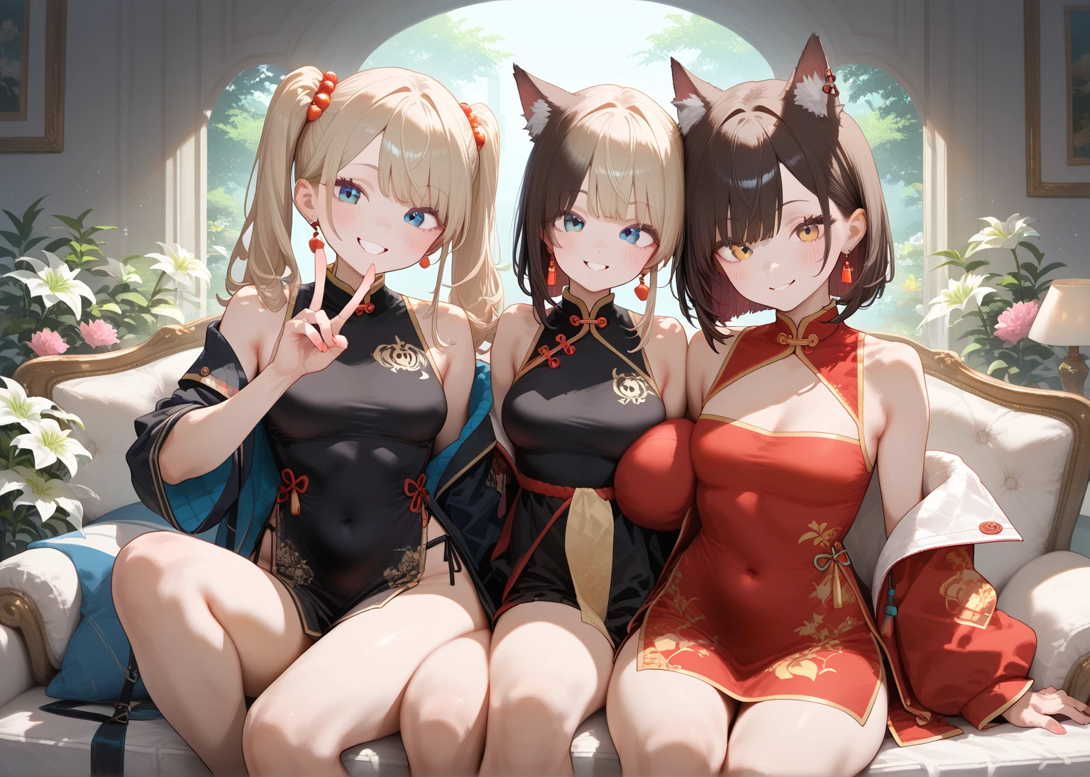 ((((Haremの4人のキャラクターが笑顔で描かれました))))、A group of female adventurers set in a medieval fantasy world,Dragon Quest、 (At the pub), Various Hair Styles, (Harem), night, detailed aspects, Remove the front hook, V-neck clothing, (Clothes that expose a lot of breasts), (Clothes that expose a lot of skin), Micro Mini Skirt, Seduce, Sleeveless、Showing invisible panties、Large Breasts、A little bigger ass、Waist、Pulling up her short skirt
