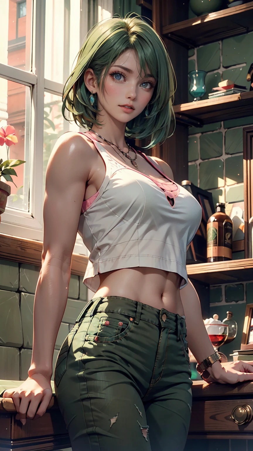 MakiSHS1, One, short hair, 1 girl, Looking at the viewer, green hair, panties, bang , sexy body, legs , muscular , closed mouth, muscular female , yellow eyes, large грудь, on open air, sky, blue sky, clouds, trees, building, Sitting, Sitting in, girl Sitting, BREAK masterpiece, Best quality, very detailed background, perfect lightingBest quality