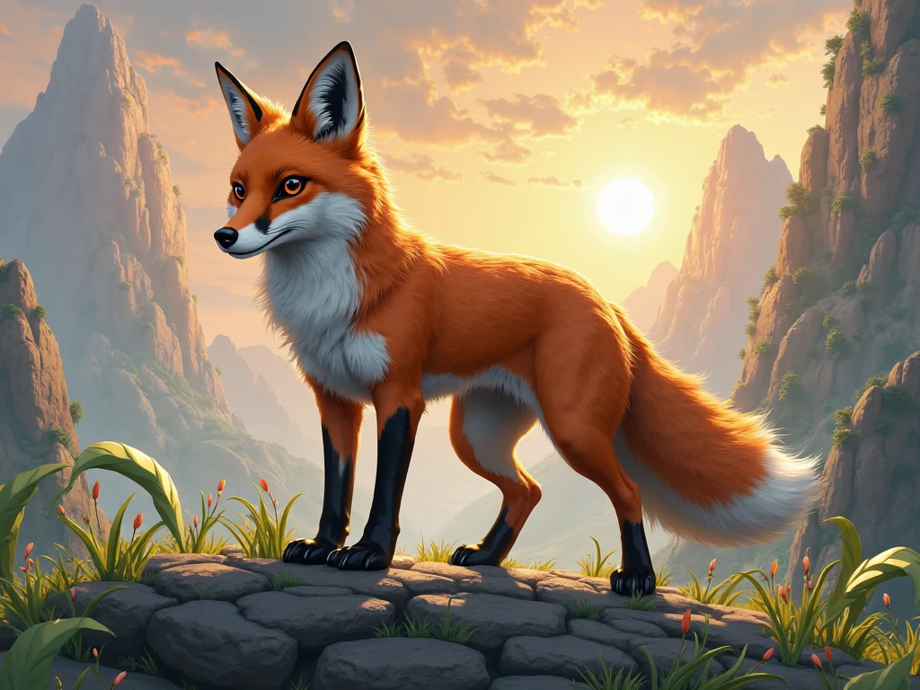 Please design an ancient mythical nine-tailed fox mount for me，Behind it is a white cloud，Standing on the top