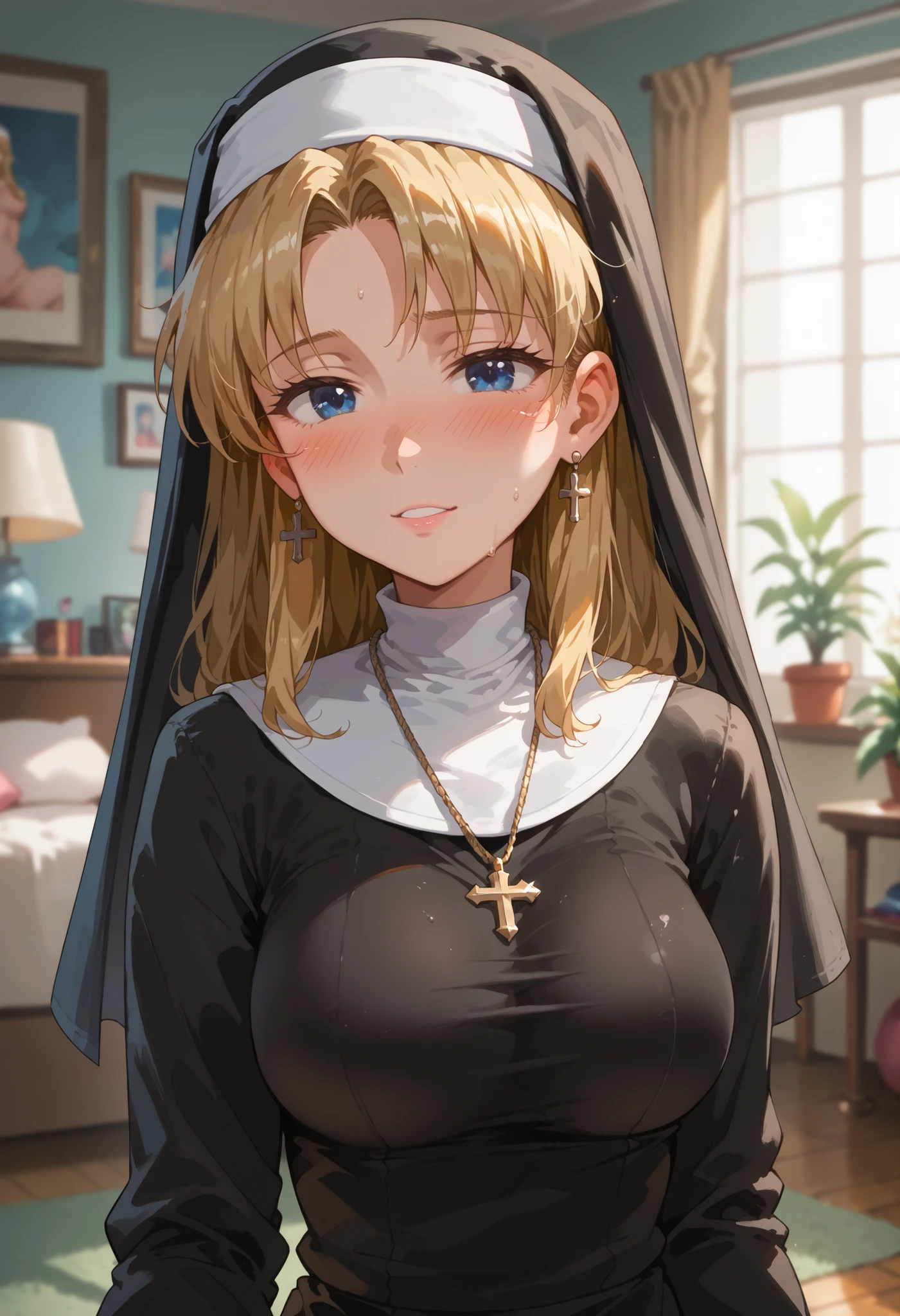 misato katsuragi, livingroom, blonde hair, blue eyes, blush, in heat, large breasts, nun,