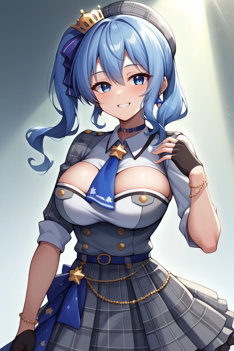 spolicewoman,(Holding handcuff),(highest quality:1.4),unreal engine,masterpiece,super resolution, very detailed, 1 woman,big breasts, waist, thin, open mouth,(muscular:0.8) ,(light blue long hair:1.1),aroused,purple eyes ,light smile,Shorts, belly button exposed