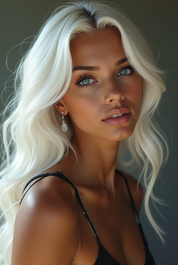 a beautiful mulatto girl, long white hair, wearing only a white shirt, detailed portrait, hyper realistic, 8k, high resolution, photorealistic, masterpiece, cinematic lighting, intricate details, vibrant colors, dramatic shadows, chiaroscuro, elegant, ethereal, serene, pensive expression, 1girl