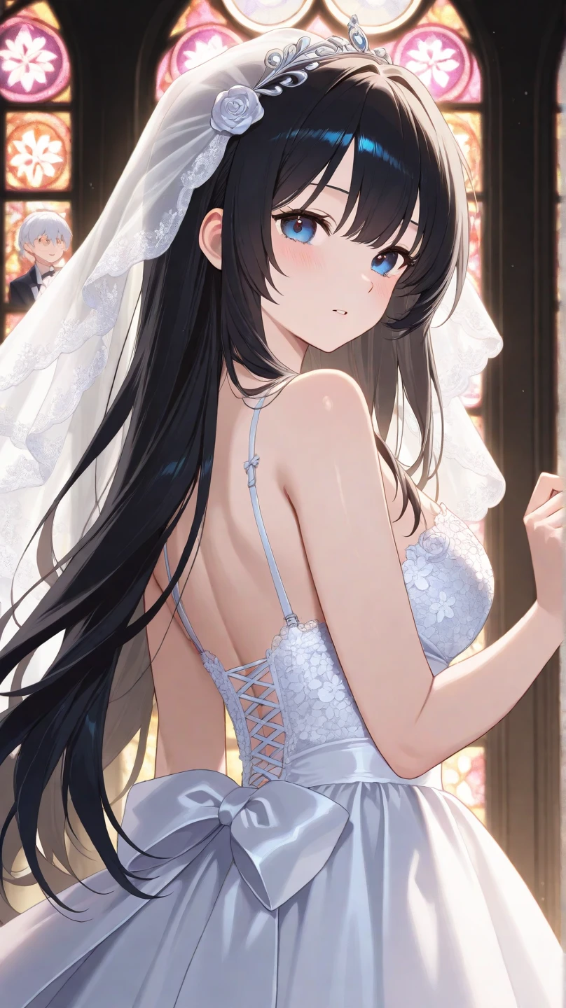 1 girl（masterpiece，top quality，best quality，official art，Beauty and aesthetics：1.2），（Pick and dye your hair，Pick dyeing，The main body is black，被染色的部分是White的，pink and purple：1.2），Royal sister，Extra large breasts（full），Raised sexy，White蕾丝，White，Wedding dress，facing away，Bare back，Number number tattoo on arm