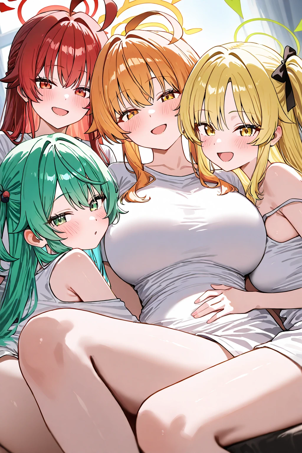 7 girls, (futanari), lesbian, masterpiece, best quality, ((black background)), full body, multiple views, random hair, (((sex from behind/standing/spread legs/fellatio/blowjob/oral sex/girl on top/penetrated from behind/guided penetration/kneeling/all fours/looking up/missionary/spooning/reverse upright straddle/full nelson/anvil position/bent over/prone bone))), naked, character sheet, cum, milf, a cute milf, white skin/dark skin, small breasts/medium breasts/large breasts/huge breasts, yuri, red hair/light hair/dark hair/brown hair/green hair/blue hair/pink hair/light beige hair/light hair color/orange hair/purple hair/gray hair/blonde hair, long hair/bob cut/wavy hair/inverted bob/flipped hair/hair bun/hair rings/half updo/two side up/ow-tied long hair/pony tail/twintails/twisted hair/, (((dark skin girl is light green hair,))) , pubic hair, long labia,