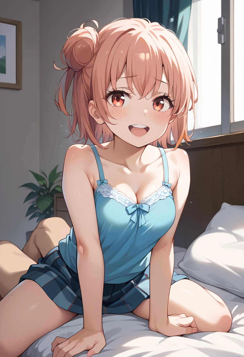 Anime illustration, Aoi Tennis, (1 personで, 1 person), (cheerleader:1.3), (pleated skirt:1.3),(stripe crop top:1.2), sleeveless shirt, large breasts, miniskirt, It's not a tennis uniform., It's not a leotard., Not a swimsuit, blush, Mouth open, ((smile, Lying in bed with their mouth open), Looking at the audience, Pink Bed, hands on own chin),Asymmetrical bangs, Perfect Proportions, cute, (upper body:1.1), (Accurate fingertips, Browse 4, Thumb 1), 