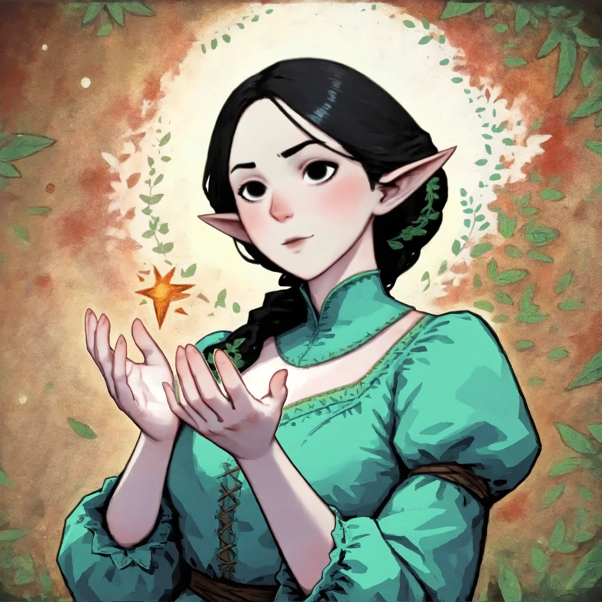 dkri style, 1girl, gorgeous elf, delicate high cheekbones, vibrant pale skin, perfect hands, black eyes, medieval clothes, fantasy aesthetic, painterly illustration, gouache painting, soft illustration, 2d art, abstract background, masterpiece, best quality, flat illustration, extreme quality, IllustriousQual