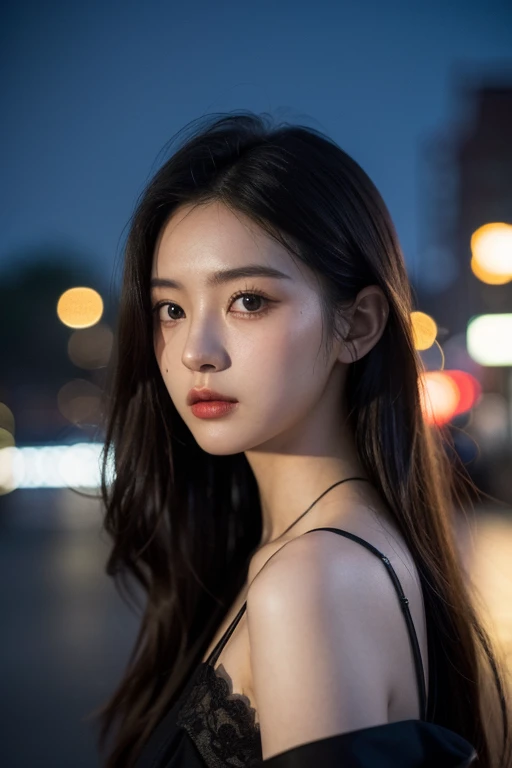 A girl, long hair, half picture, city, future, science fiction, black silk, shorts, night scene, midnight, blue light, neon, night, face close-up, delicate features, beautiful girl, beauty, charming,fashi-girl,red lips,realistic,makeup,