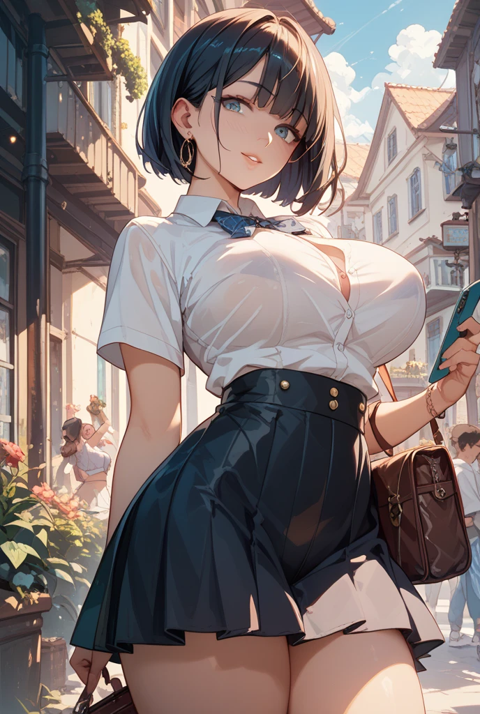 best quality, masterpiece, absurdres, highly detailed, illustration, 1girl, glossy lips, natural lighting, aichan, short brown hair, braid, large breasts, blue eyes, white top, cleavage, layered miniskirt, tiered miniskirt, sandals, city street
