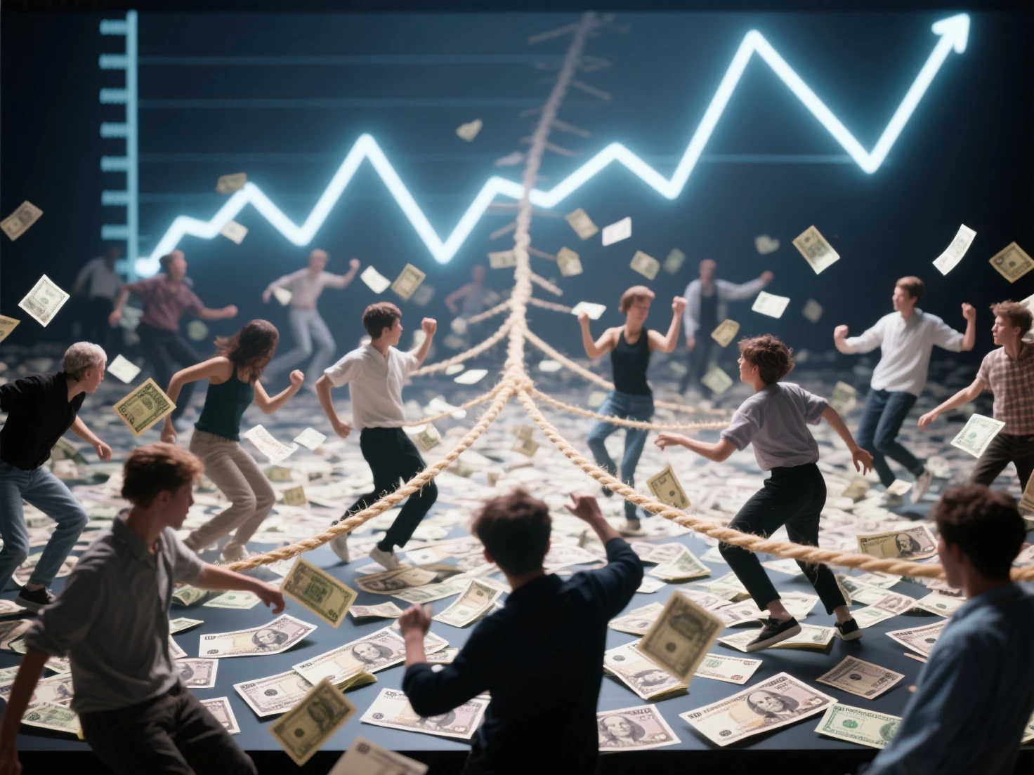 The thread that extends from a large number of banknotes is connected to the heads of multiple people that dance、Dance Scattered Banknotes、Banknotes that fill the screen、At the back of the screen, a line graph is moving