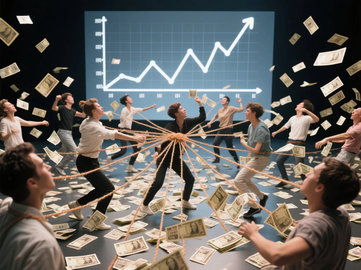 The thread that extends from a large number of banknotes is connected to the heads of multiple people that dance、Dance Scattered Banknotes、Banknotes that fill the screen、At the back of the screen, a line graph is moving