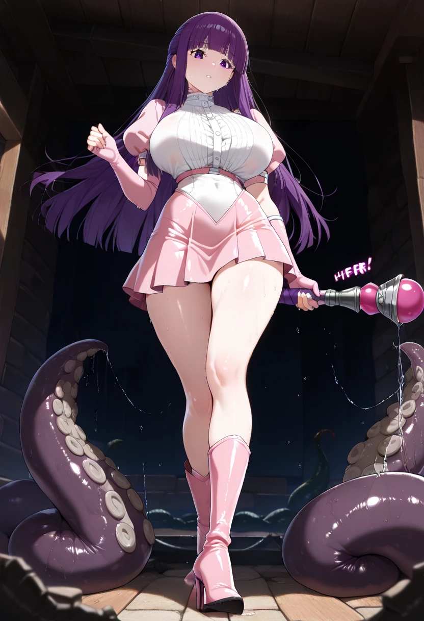 (8k, best quality, masterpiece:1.2),\独奏,full body,A pink tentacle monster，Two huge and long tentacles,[Octopus&#39;s arms],Amorphous organisms,A round, petite monster,[Red round crystal｜Glowing crystal]see through monster core
