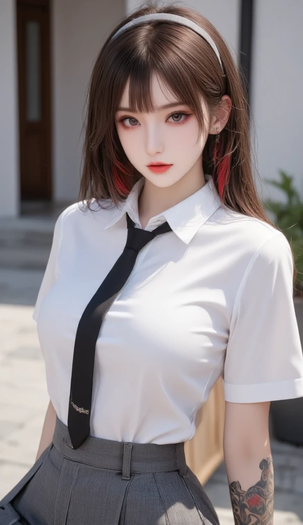 attractive young woman, (beautiful face:1.1), realistic face, translucent nipples, sexy pose, folds on clothes, beautiful breasts, intrigue, beautiful legs, detailed eyes, white cotton shirt with mini skirt, burgundy hair, red tie, walking on the Russian field
