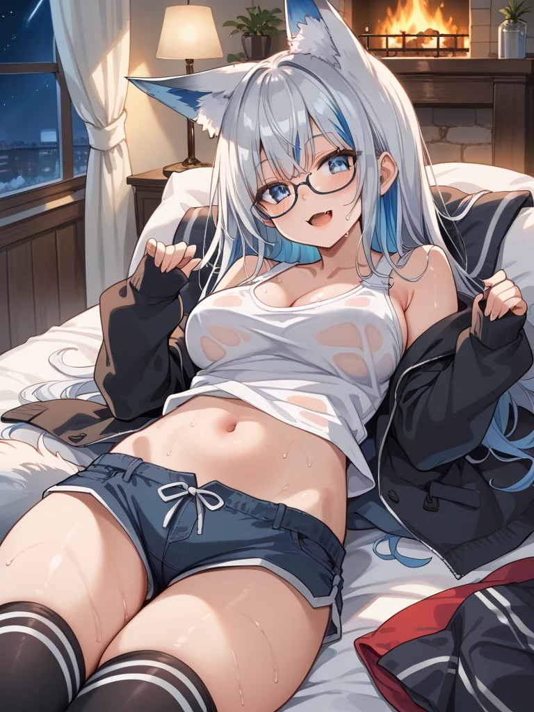 Solo, score_9,score_8_up,score_7_up, a young nerdy Anthro furry wolf woman, white furry body, tall, long black messy hair, hair covering one eye, long bangs, long black hair, blue eyes, black glasses, small breasts, white wolf tail, topless, wearing only black thong, thigh high socks with exposed toes, 4 toes, bored expression, eyes half open, lying on a bed, lying on her stomach, feet up, holding a Nintendo switch, looking at Nintendo switch,
