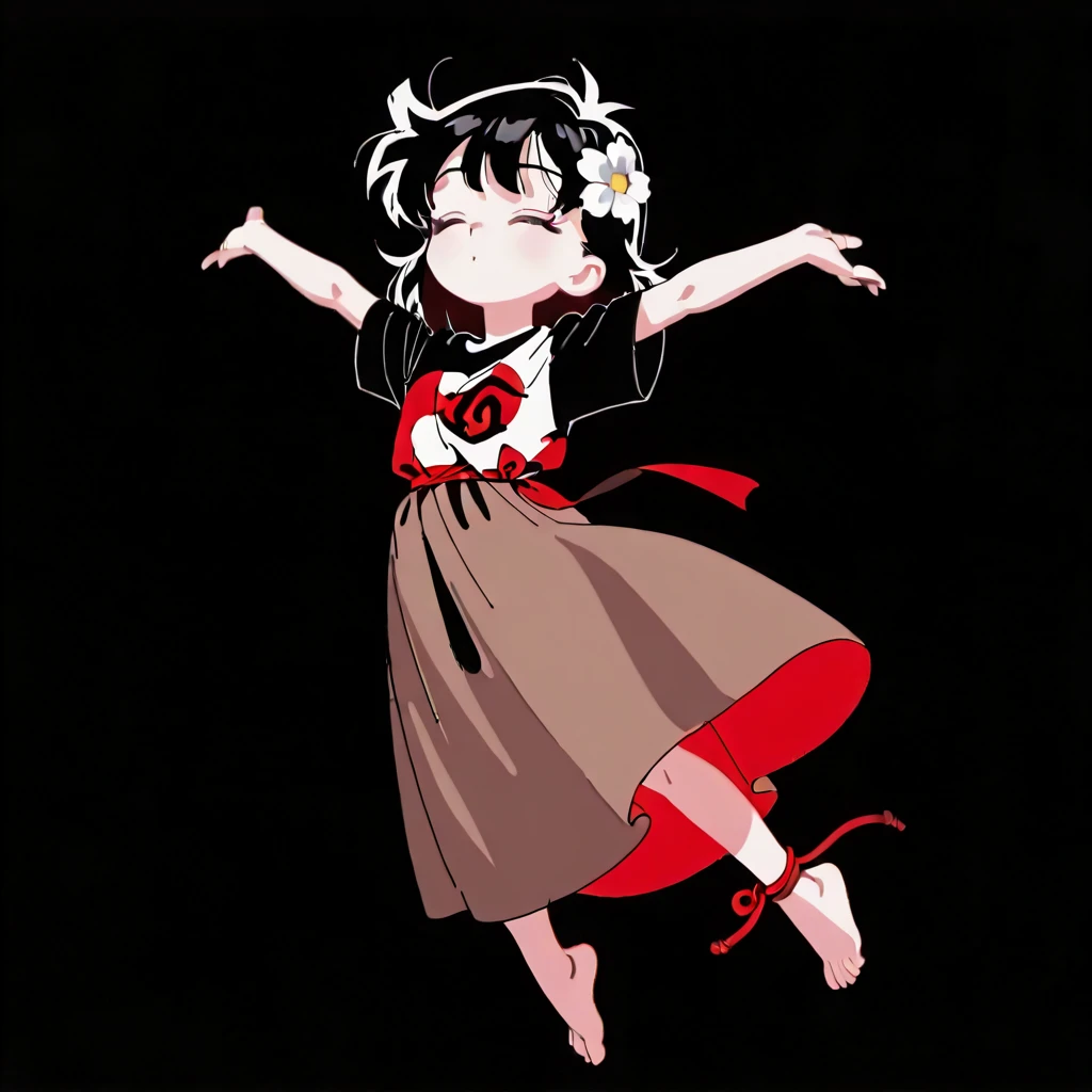 girl in red dress, big red bow on the back of head, long brown hair, black eyes, reimu, touhou, fart, farting