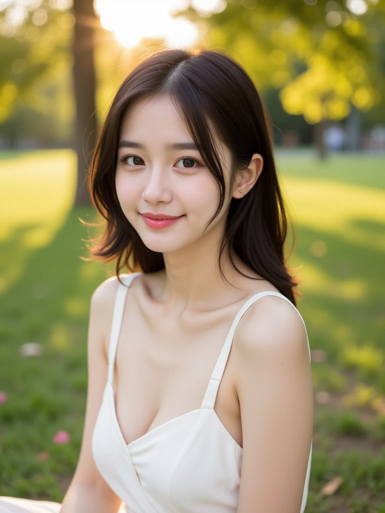 ((Highest quality, 8ก, Masterpiece: 1.3)), 1 girl, smile, full body, Slender face, beautiful woman, (dark brown hair), Extraordinarily detailed face, Detailed eyes, Double eyelids, blurred background, Slender face, city, outside, road, short skirt, perched on the bench, tank top