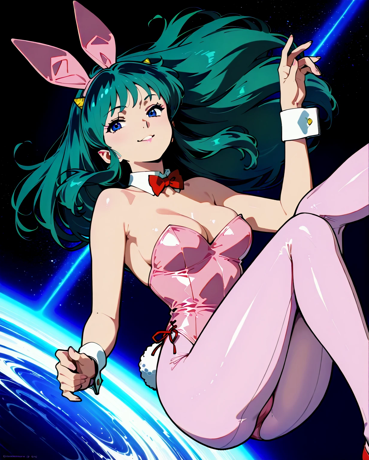 akiratoriyama art style, woman wearing a bunny girl costume in a casino, bunny ears, looking at viewer,