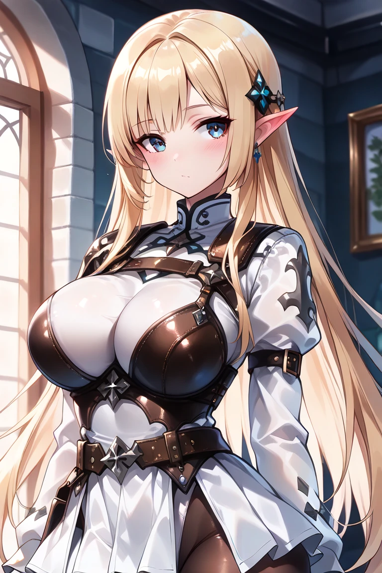 masterpiece, 8K, highest quality,girl,, delicate hands,slender,blonde,long hair,straight hair,beautiful hair,blue eyes,big breasts,tits,elf ears,,Wet with sweat,On bedding,dress armor,armor,knight,frills