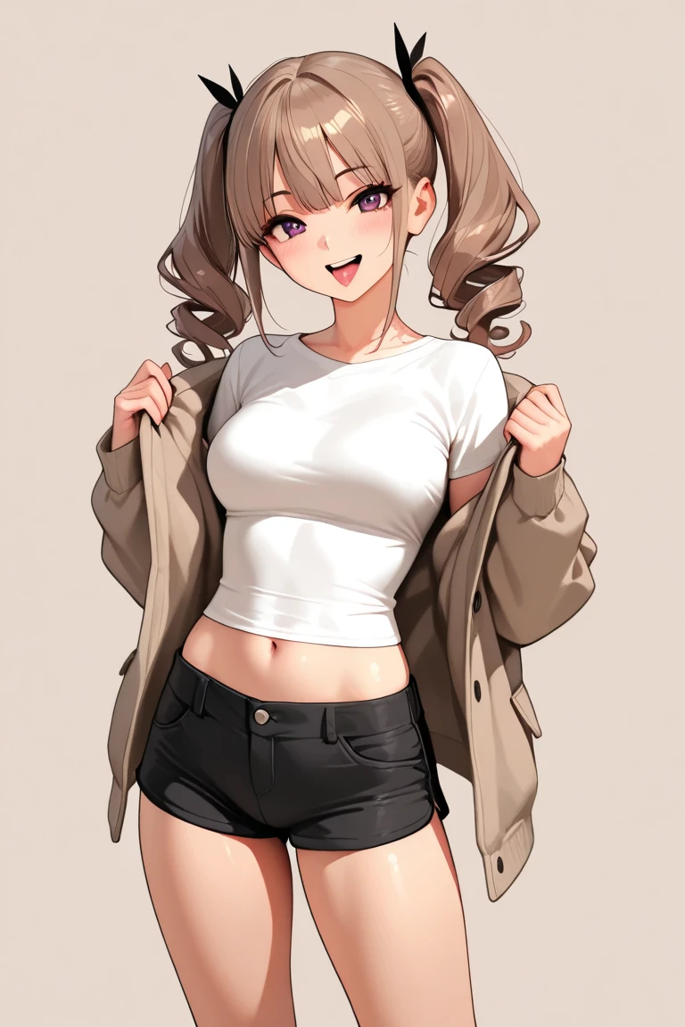 4K, masterpiece, 8k, high quality, 最high quality,10歳のcute少等生, Very white skin, Long brown hair,a bit,Low length,freckles,Thin eyebrows,Straight bangs,(Flat Chest) ,feminine, Tilt, elegant, elegant, cute, smile, cute, Hilarious, belly button, Denim Low Rise Mini Skirt, ((Black knee socks)), (Ugly clothes)、((Gray background))