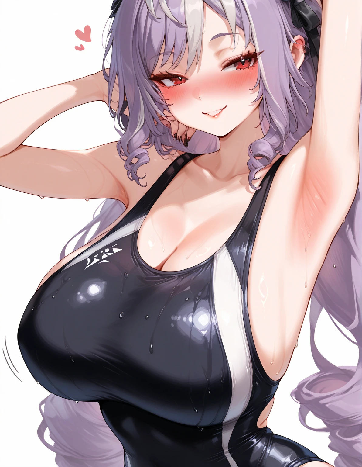 1girl, white hair, very short hair, tomboy, boish, large breasts, breasts, wide hips grey hair, silver hair, yellow eyes, smile, smirk, smug, tongue out, tongue, competition swimsuit, one-piece swimsuit, black swimsuit, pervert, nsfw