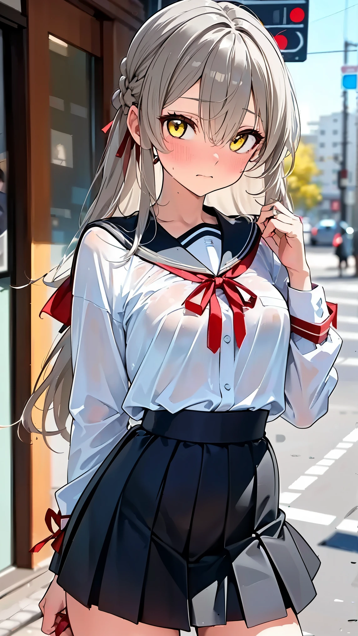 8K (high resolution) (Super Detail) (masterpiece) (best quality) detailed eyes detailed face detailed hands Delicate hair detailed wrinkles on clothes very elaborate body fine skin (solo) early yellow eyes (Grey Hair) long hair red ribbon on the side of the head ( small ) flushed cheeks embarrassed expression high school uniform miniskirt ribbon ties Street Corner see here composition from obliquely below