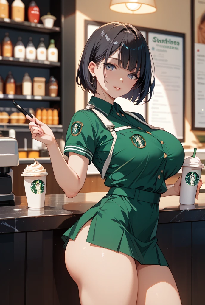 best quality, masterpiece:1.2), highly detailed, HDR, girl, 18 years old maid, (starbucks apron, naked apron, large neckline: 1.2), model position, looking at the viewer, (beautiful detailed eyes, beautiful detailed lips, extremely detailed eyes and face, long eyelashes), (shapely, rounded, hourglass) body, (beautiful detailed breasts, shapely firm breasts), (shapely, toned) legs, seductive atmosphere, flirtatious look, very sexy, at the cafe, (seductive smile)