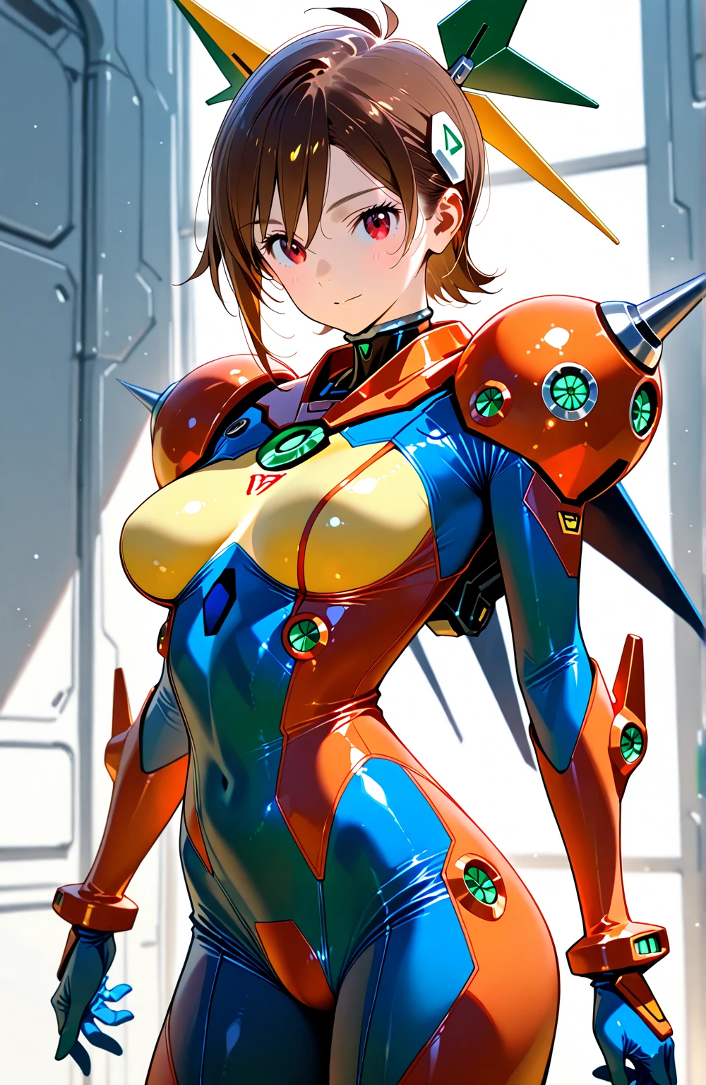 ((best qualityer)), (((Bettie Page))), (((clothes 100% fluorescent green))), (((slim))), (Muscles), (((green suit))), ((Perfect masterpiece)), (detailded: 1.4), (absurdrez), (((Bob Hair))), (((full body fitness, )), (((orange hair woman, blushful))), 21 year old woman, beautiful sexy woman, giant robot pilot, wild with perfect corpo fitness, wearing small mecha battle armor clothes, tiny thong, Simon Bisley styled for the cover of Heavy Metal magazine, clothing with Japanese cyberpunk graphic patterns, Halftone pattern and vertical stripes, earth tone, exiting the body of a giant robot