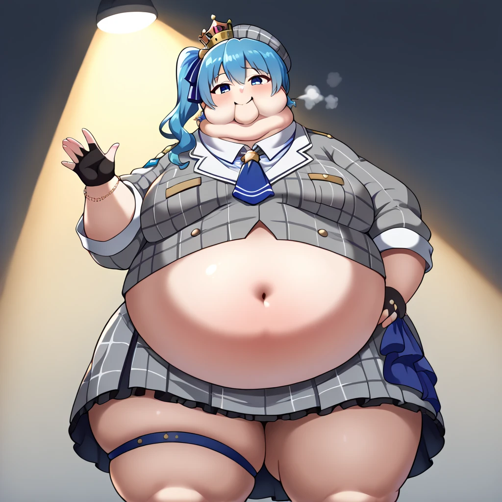 (masterpiece, best quality), 1girls, big belly, blurry background, huge belly, art by kipteitei, round belly, chubby, curvy, white button-up shirt, skirt, thighhighs, simple_background, gradient_background, belly bursting out of shirt, belly grab, enormous belly, fat belly, thicc, bigger belly, sitting on chair, really big belly, jiggly belly, shirt covering belly, belly cover by shirt, glasses